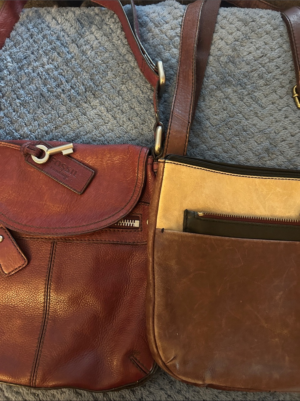 Vintage Fossil Two-Tone Leather Crossbody Bag in Burgundy and Tan